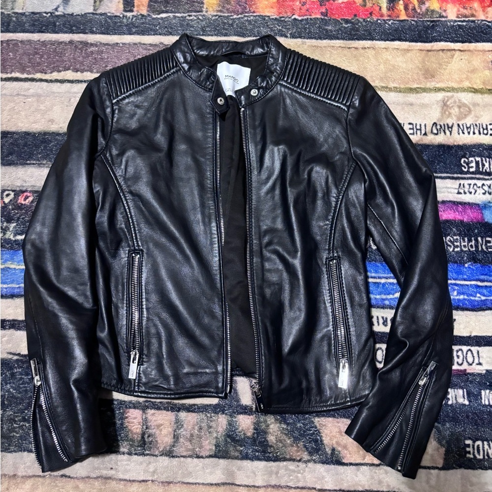 Mango Black Leather Moto Jacket XS